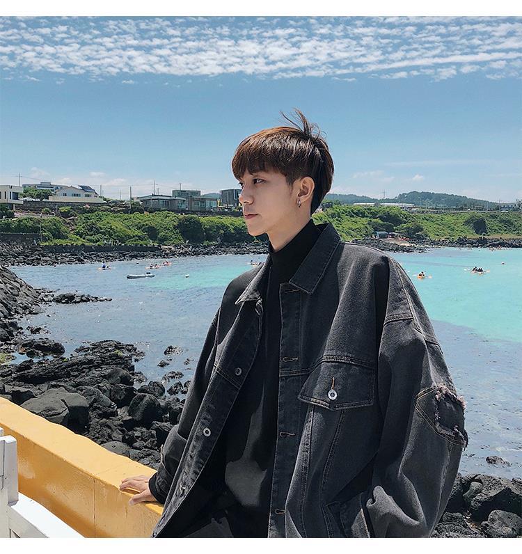 港风chic牛仔外套男秋冬季宽松韩版潮流百搭bf慵懒风复古夹克潮牌133