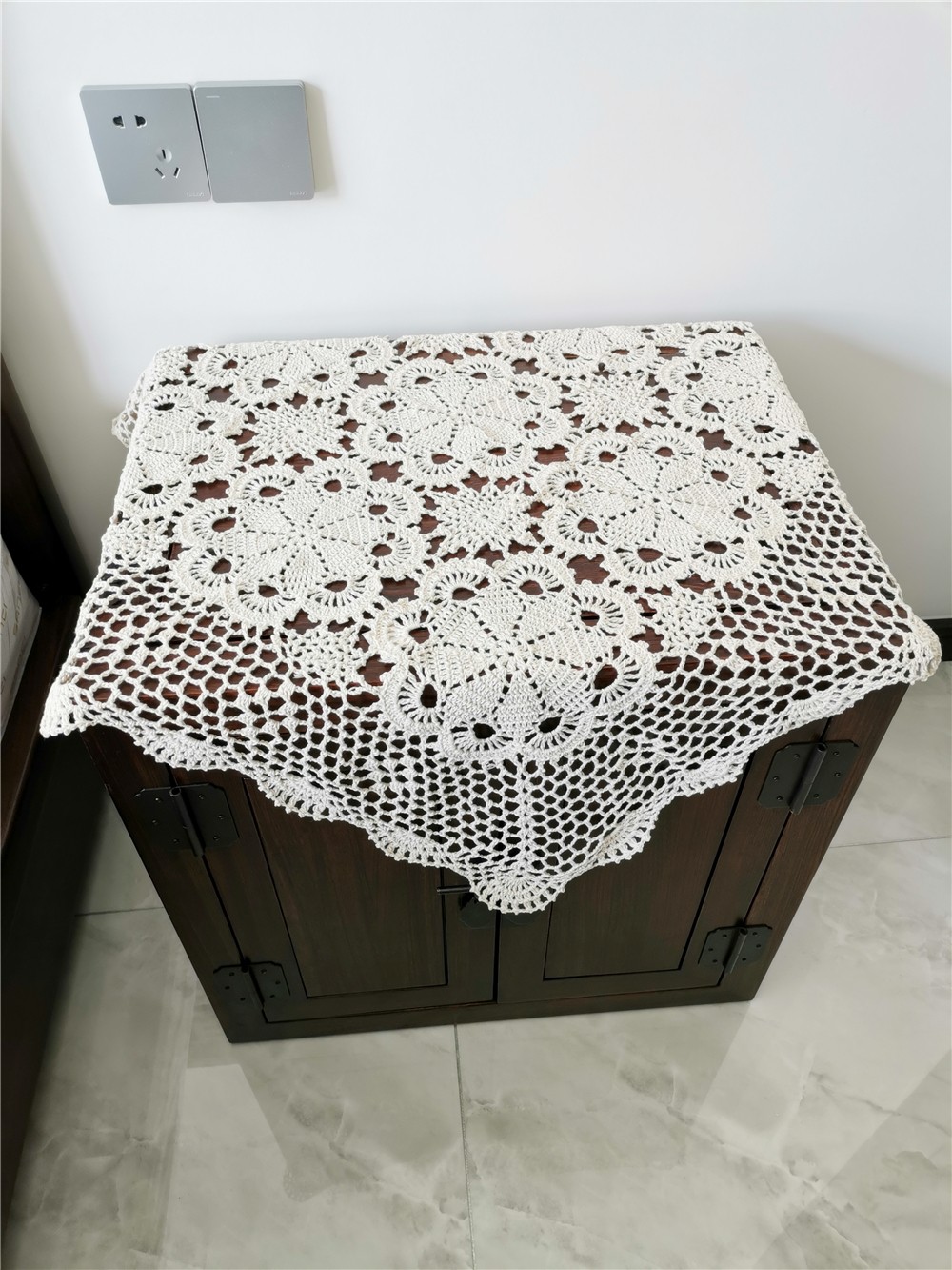 手工钩针钩花桌布 田园镂空编织沙发巾 复古怀旧茶几装饰盖布 米色
