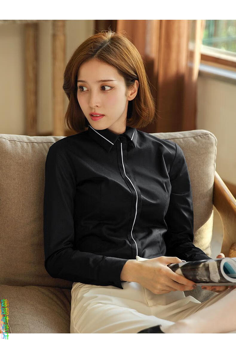 高端轻奢白领衬衫女职业黑色拼接衬衫女长袖职业白衬衣翻领修身打底内