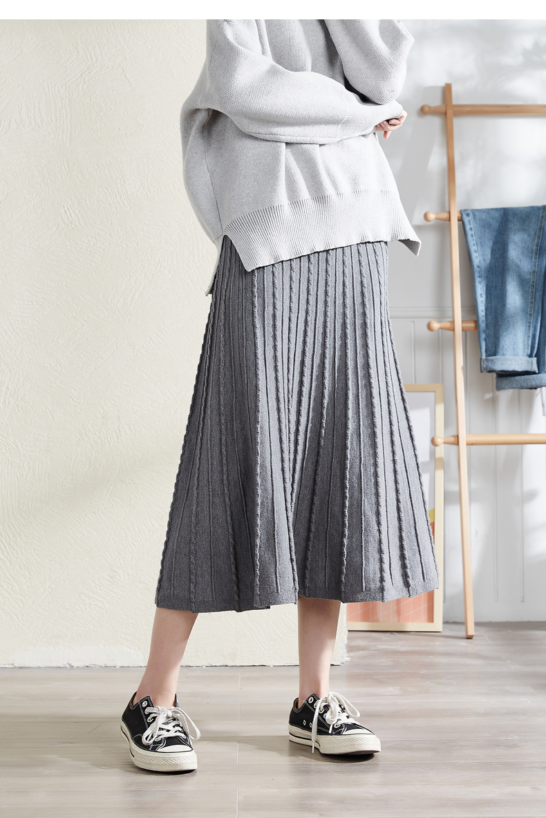 唐狮秋冬新款针织半身裙女高腰a字裙绞花遮胯裙子显瘦中长款伞裙 烟灰