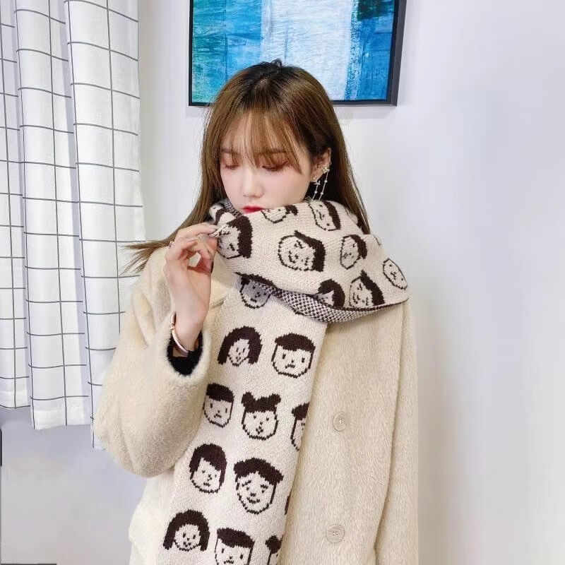 围巾女冬季保暖学生韩版可爱卡通头像少女百搭长款毛线编织小围脖黑色