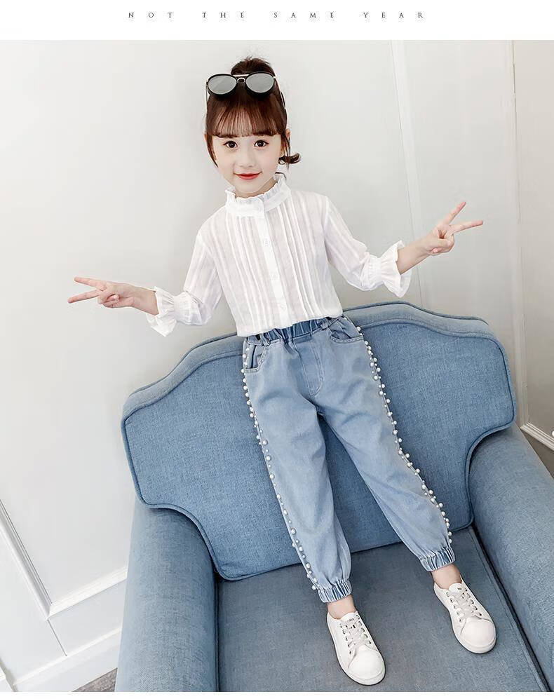 萌恬声女童牛仔裤春秋外穿长裤中大童2021春装韩版洋气小女孩网红长裤