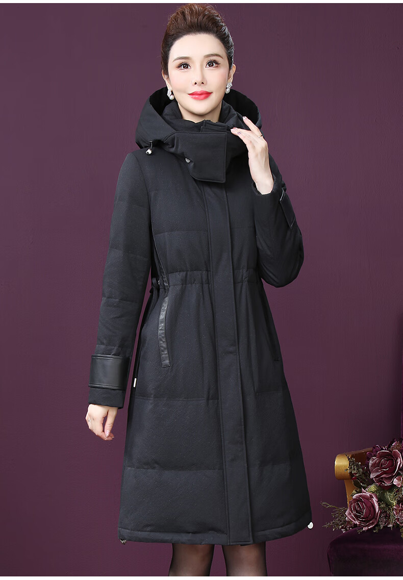 王小鸭羽绒服女中长款2021年冬季新款韩版黑色休闲连帽白鸭绒外套黑色