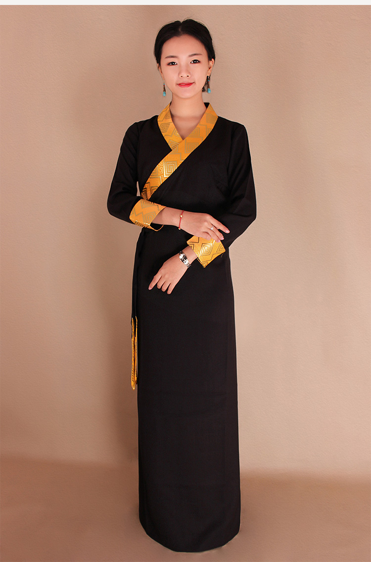 西藏藏族服女藏装康巴藏袍拼色服锅庄裙花边棉麻博拉民族风深酒红19新