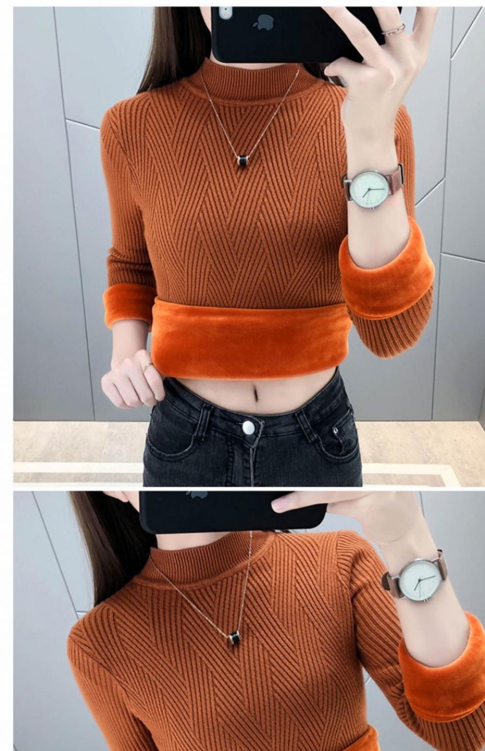于系秋冬新款保暖内衣半高领长袖针织打底衫宽松加厚保暖毛衣女短款加