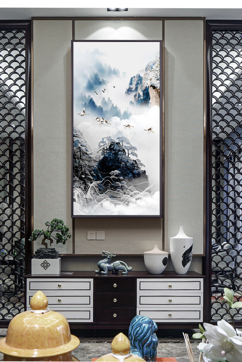 竖版入户玄关装饰挂画走廊过道背景墙进门玄幻壁画a云山飞鹤50100ps