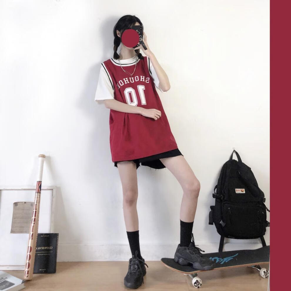 篮球服女假两件学生宽松运动套装女生球衣球裤背心短裤ins篮球衣白色