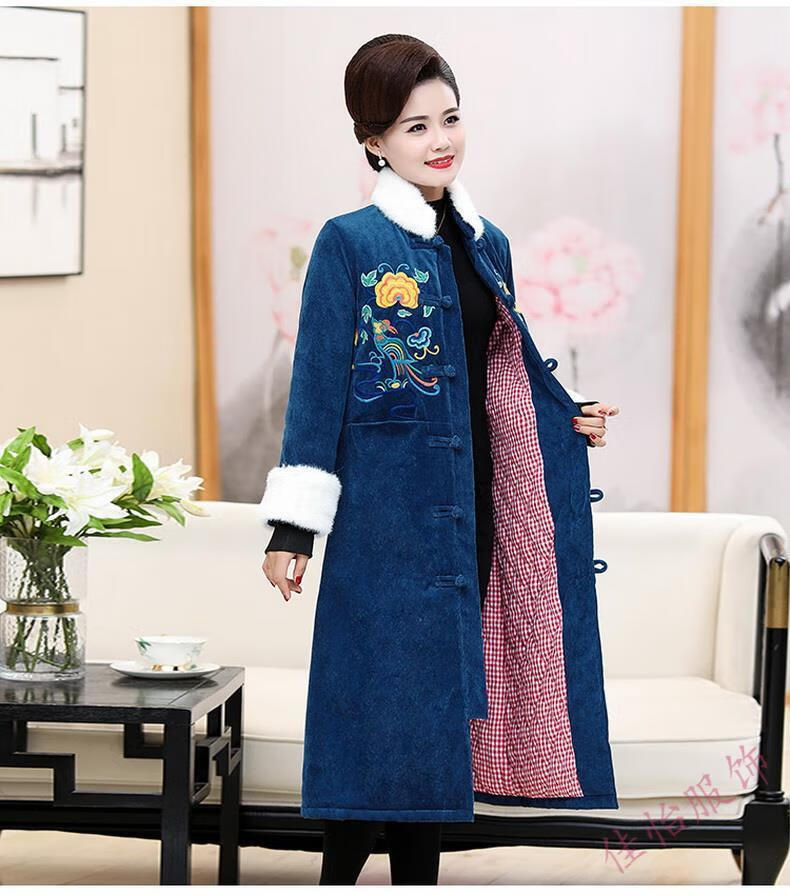 妈妈唐装外套女中长款刺绣民族风棉袄中老年女装加厚冬装棉衣蓝色922