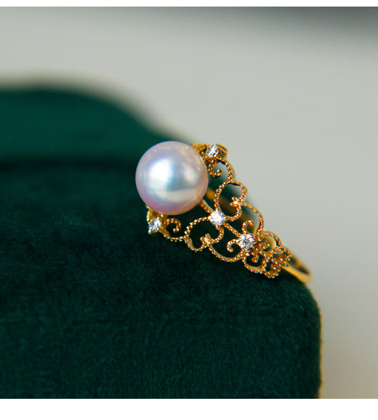 洛河 珍珠戒指18k金镂空蕾丝天女正圆强光网红款七夕情人节礼物圣诞节