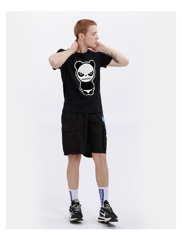 hipanda你好熊猫 t恤男熊猫经典logo植绒休闲圆领纯棉短袖t恤街头潮牌