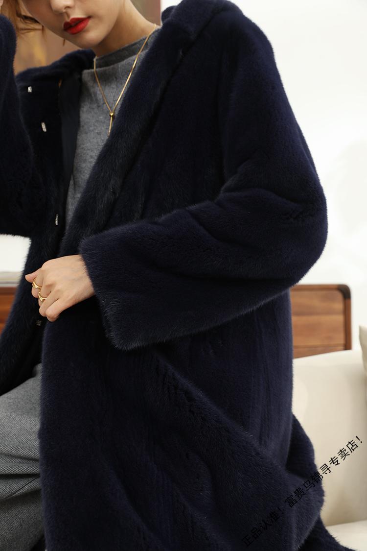 富贵鸟115过膝进口天鹅绒貂皮大衣女整貂长款带帽高端水貂皮草外套年