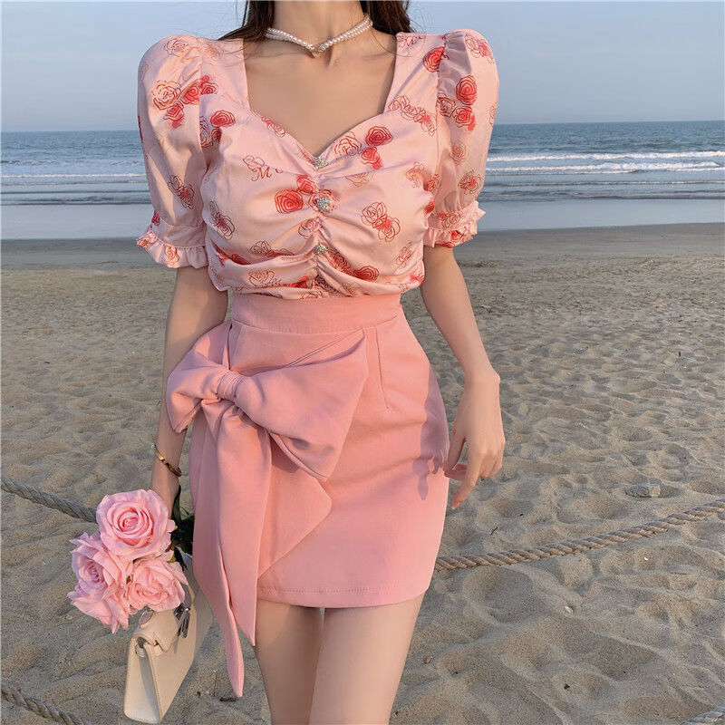 感蝴蝶结半身裙女装夏季年新款包臀短裙粉色高腰显瘦裙子上衣半身裙m