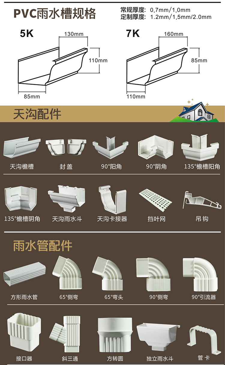 pvc塑料成品天沟雨水槽别墅屋面排水檐沟接水槽方形水管落水7英寸底部