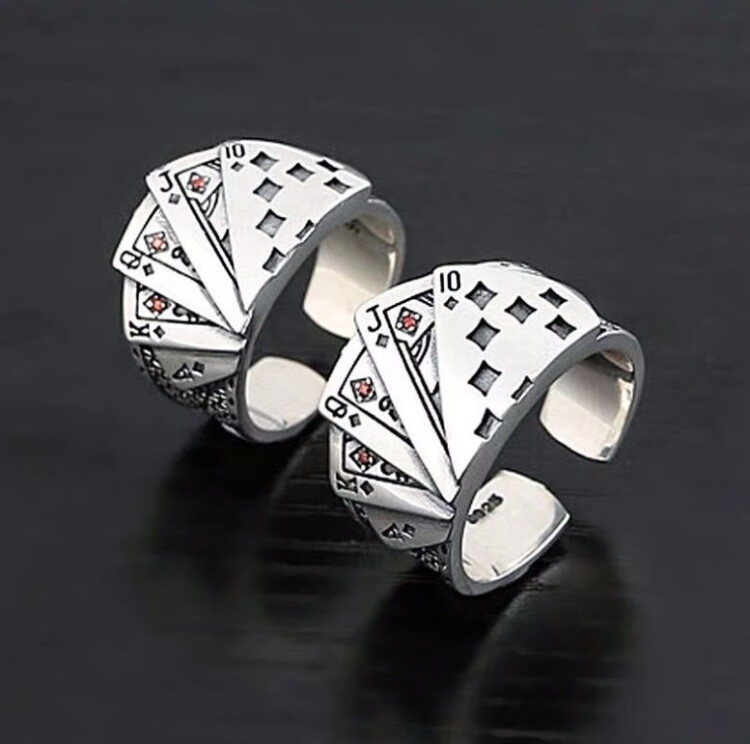 !同花顺纯银戒指925纯银复古男女尾戒扑克牌开口赌神赌圣银戒学生打牌