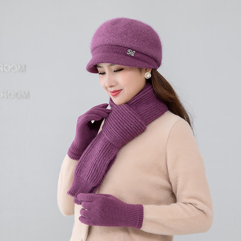 梵美琳中老年人帽子女士妈妈秋冬季兔毛加绒加厚盆帽奶奶针织帽围巾