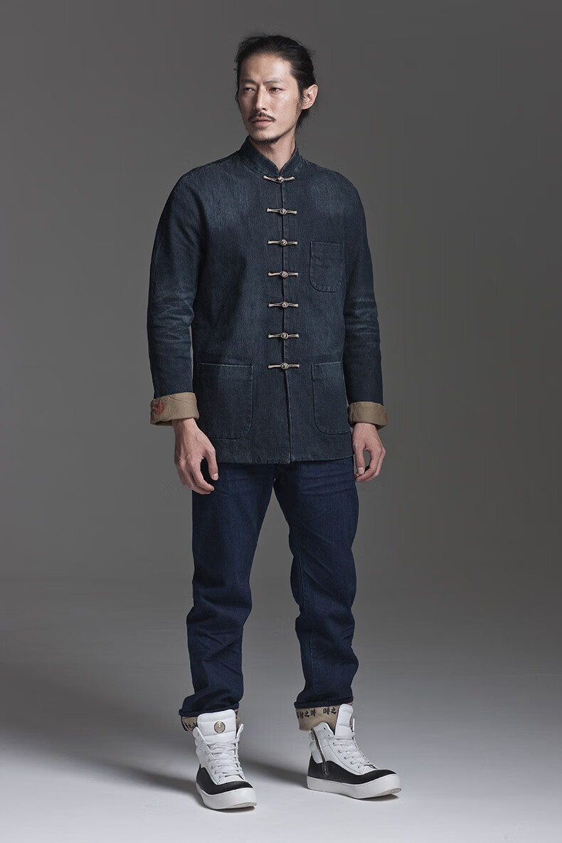 民族复古中国风潮男时尚修身长袖中式青年水洗牛仔唐装春水洗黄绿s