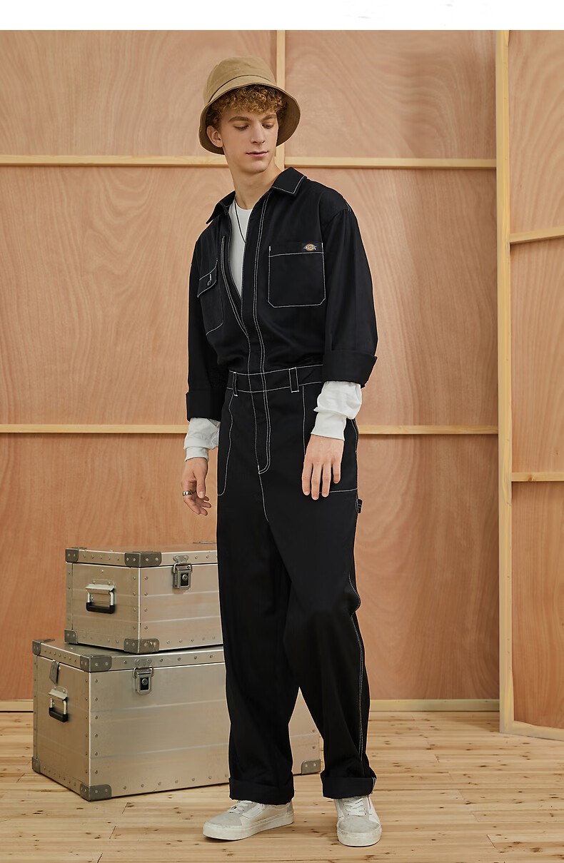 裤多口袋撞色压线工装连体服男士春夏季休闲直筒长裤男dk009437黑色m