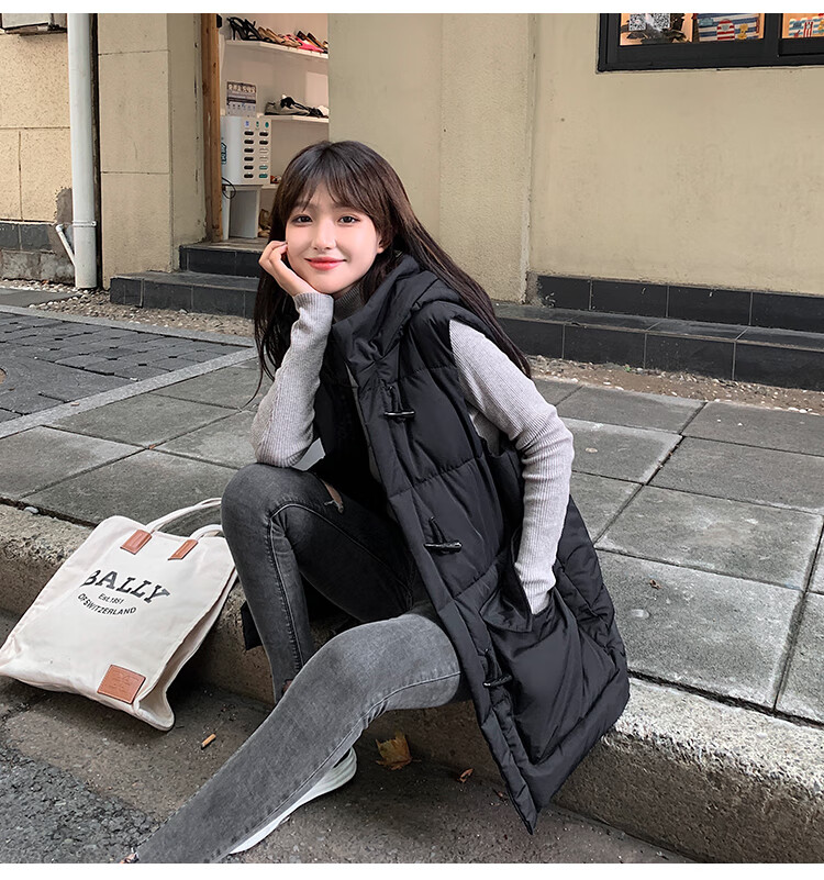 羽绒马甲女外穿带帽秋冬棉女中长款宽松连帽牛角扣背心马夹外套黑色s