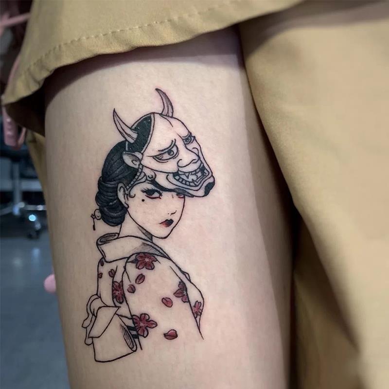 花臂般若面具艺纹身贴纸防水女仿真性感日系网红潮 角艺伎-1张【图片