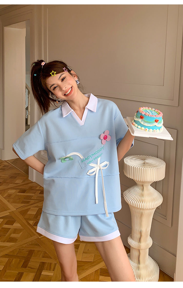 女士运动套装夏季立体花甜美可爱短袖套装上衣少女夏装宽松休闲运动服