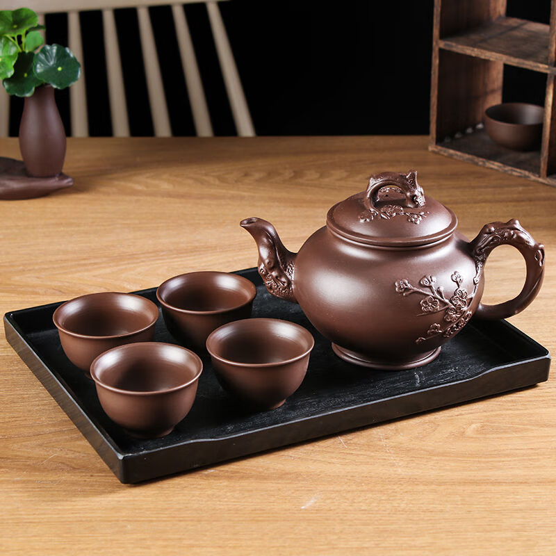 紫砂茶壶紫砂大容量大号紫砂壶家用功夫茶具杯套装宜兴朱泥梅花壶黑色