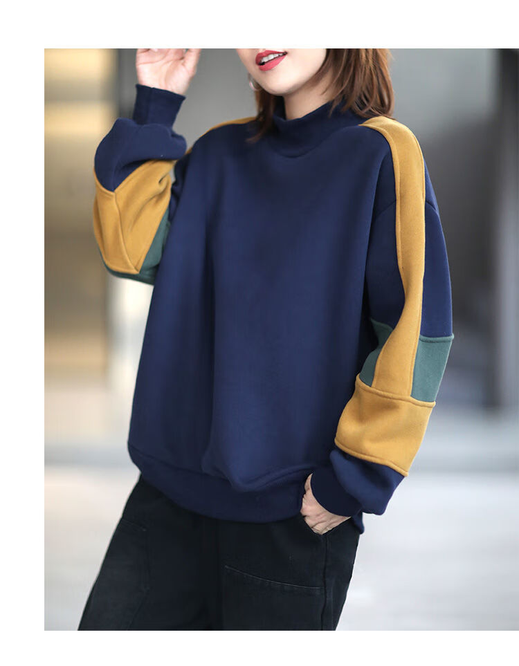 冬季新款女士加绒卫衣2021加绒加厚保暖韩版休闲宽松高领拼色卫衣女