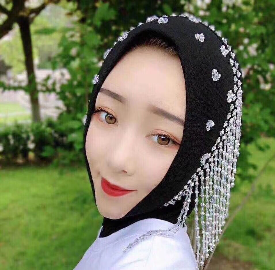 回族女人的套头纱巾纱巾套头单面流苏头巾时尚手工缝珠方便盖头回族
