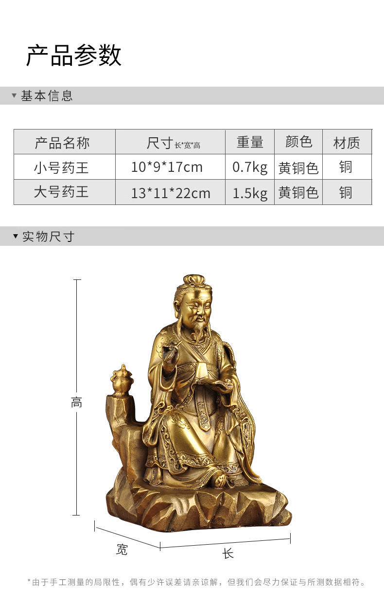 全铜像药王菩萨药王神像摆件孙思邈像医圣装饰中医药店铺居家供奉6寸