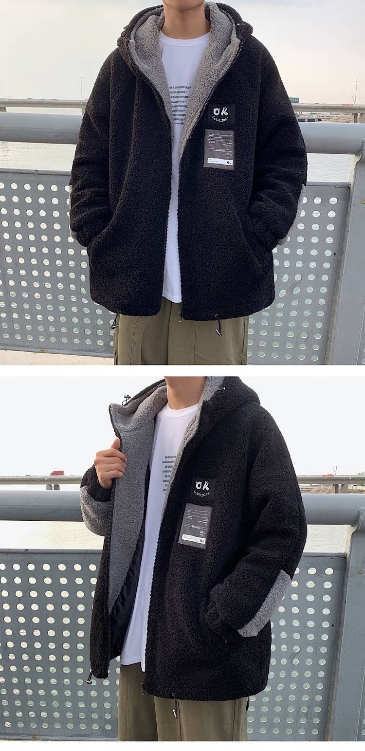 羊羔毛棉衣男秋冬新款宽松加厚大码贴标夹克港风潮流休闲棉服外套白色