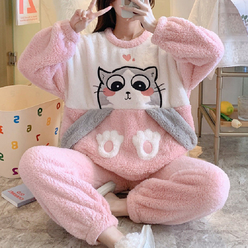 冬季新款加绒睡衣2021珊瑚绒睡衣女冬季加厚加绒韩版学生可爱保暖套装