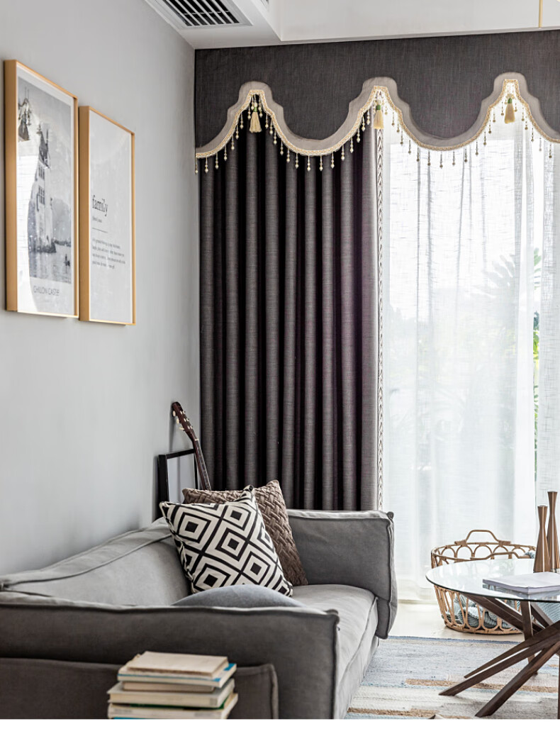 窗帘布简约现代高档亚麻 亚麻客厅窗帘大气卧室遮光布成品带帘头咖啡