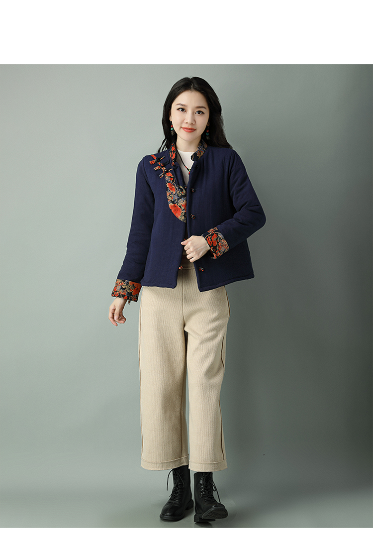 ぃ皮尔卡丹品牌高档女装棉服女冬季加厚复古盘扣棉麻唐装小棉袄女短款