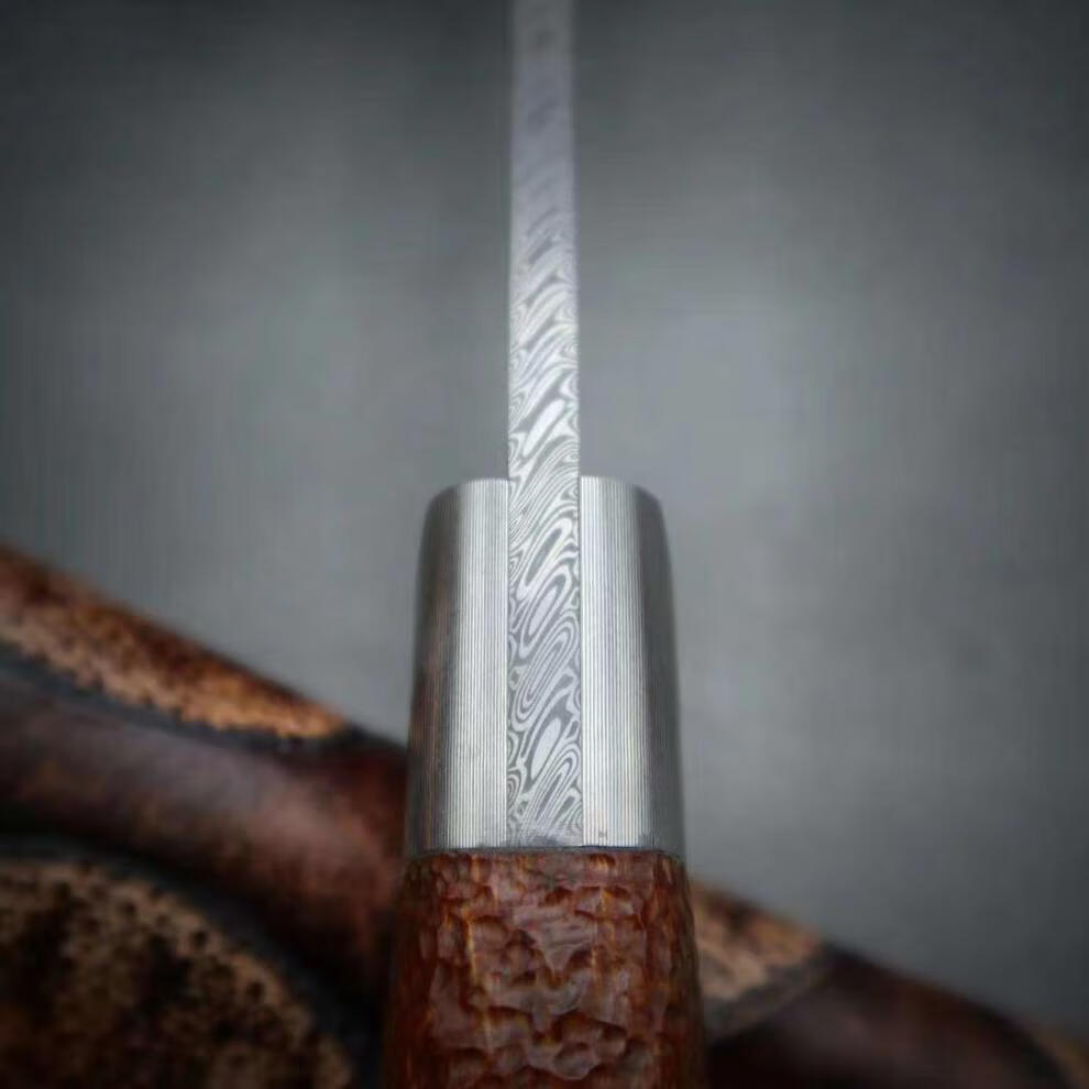 硕哥 进口瑞粉大马士革钢刀户外防身小刀荒野求生高硬度锋利手工直刀