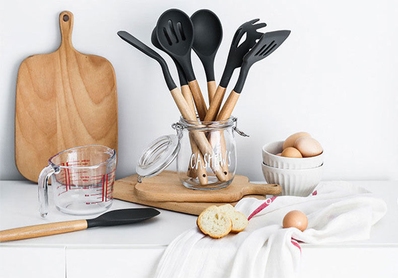 厨房硅胶用具木柄不粘锅烹饪工具铲勺汤勺刮刀菜铲捞粉勺厨具套装硅胶