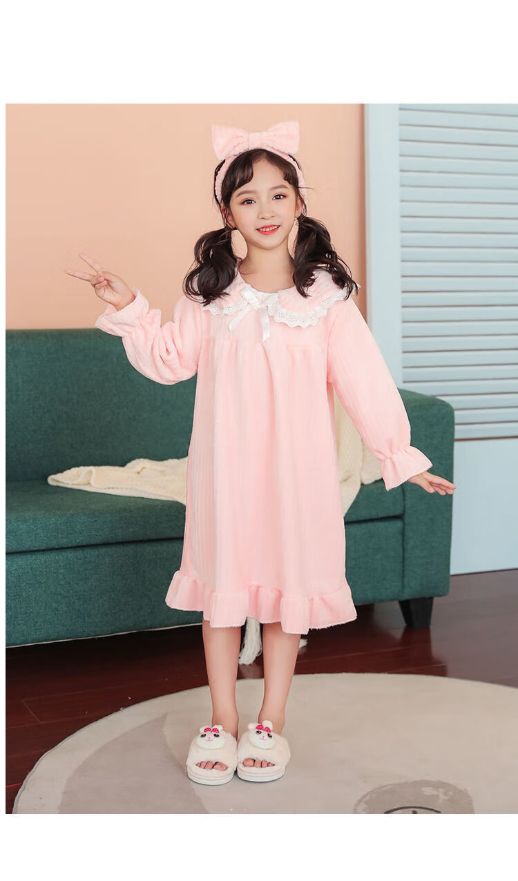 女童珊瑚绒睡裙秋冬季儿童长袖法兰绒睡衣加厚中大童公主风家居服粉红