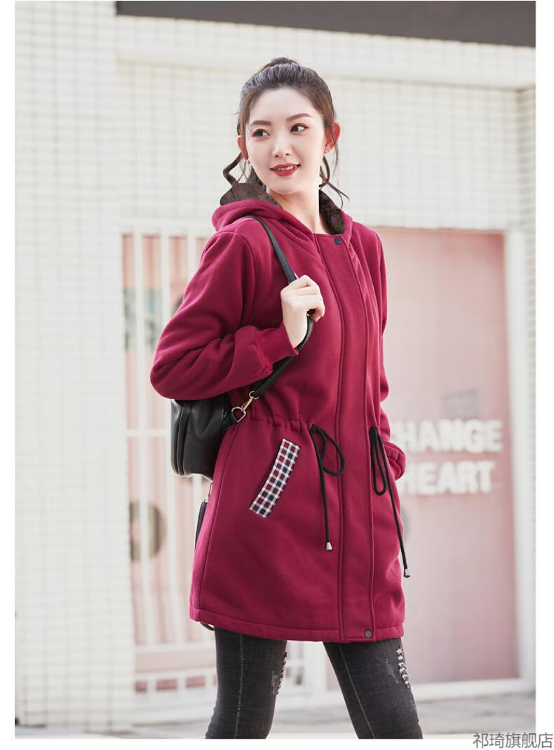 加肥加大码加绒卫衣中长款女士胖mm加厚女冬连帽拉链宽松外套女200斤