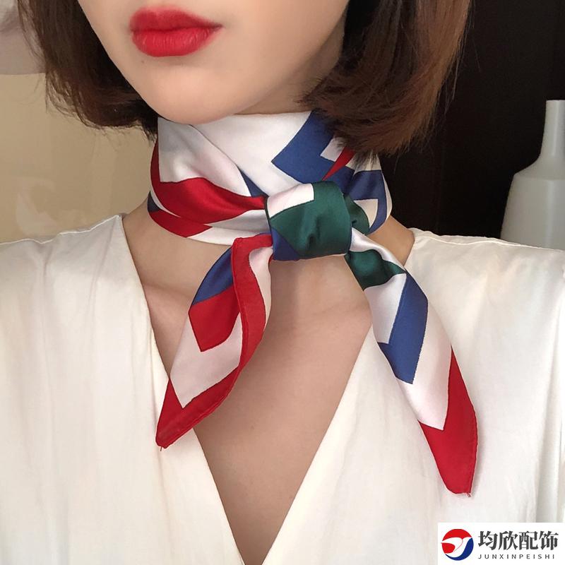 薄款韩版时尚百搭洋气文艺职业空姐领巾小方巾女纱巾绿红绿短条卡其色