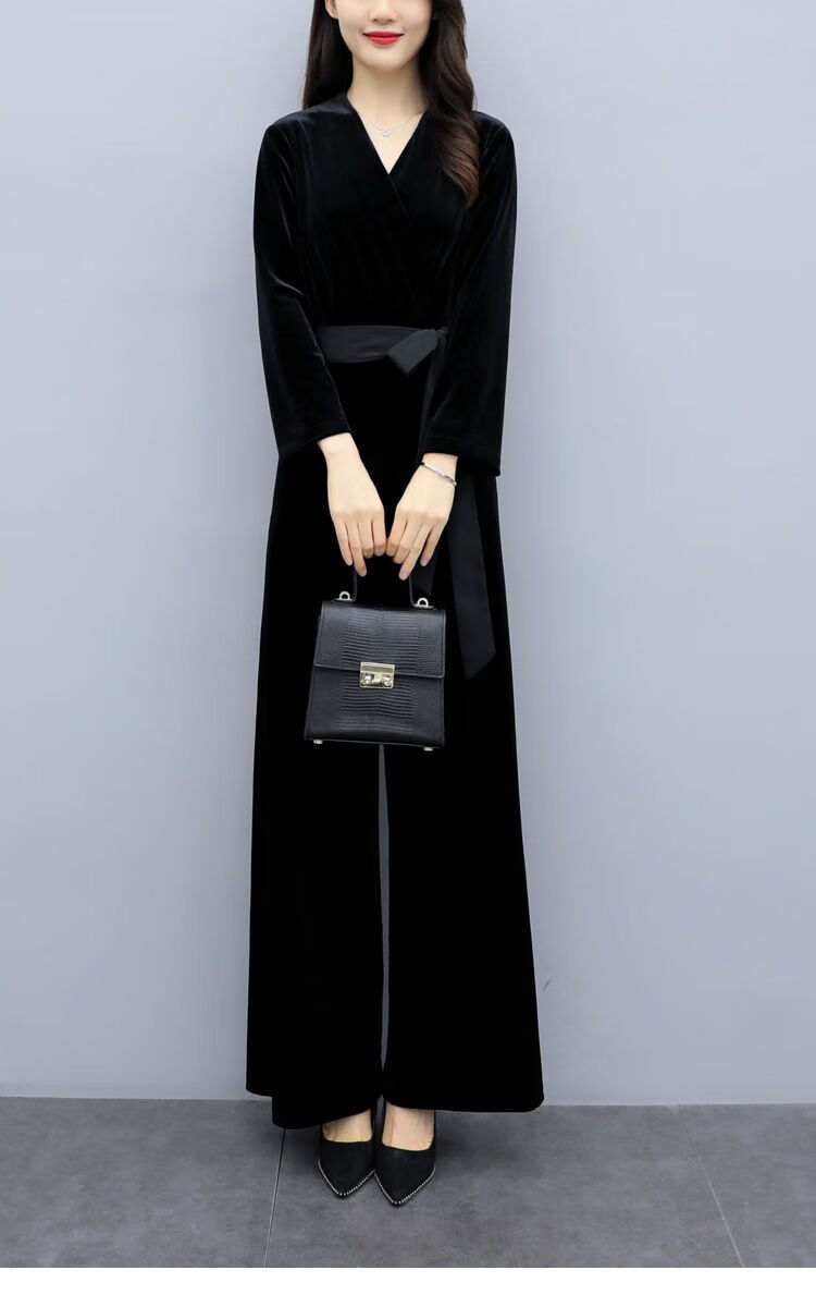 高质量桐系连体裤女2021年气质显瘦丝绒坠感连衣阔腿裤洋气套装黑色s