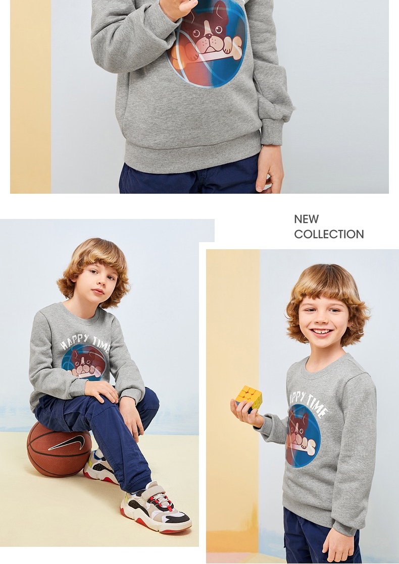 baleno班尼路童装秋冬新款男童衣3d章印花圆领长袖卫衣加绒上衣加厚