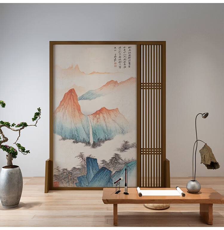 纯屋新中式屏风隔断客厅卧室遮挡玄关山水国画中国风禅意实木半透座屏