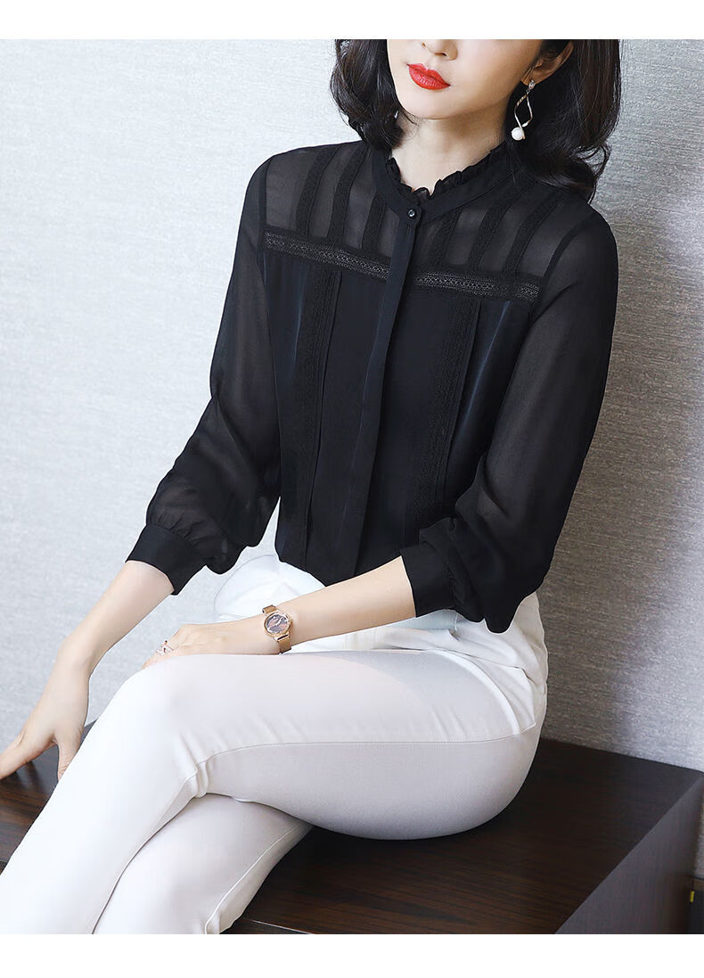 重磅真丝衬衫女秋新款长袖衬衣设计感小众洋气桑蚕丝上衣潮黑色m建议