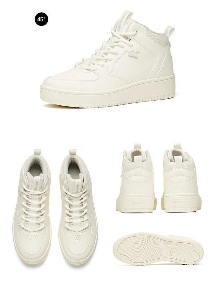 安踏板鞋女鞋春季皮面高帮小白鞋官方旗舰轻便休闲鞋象牙白一度灰355