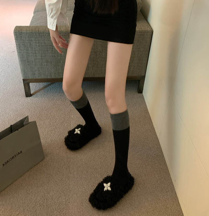 网红袜女长筒袜秋 拼色袜子女秋冬设计感中筒袜网红百搭学生小腿袜