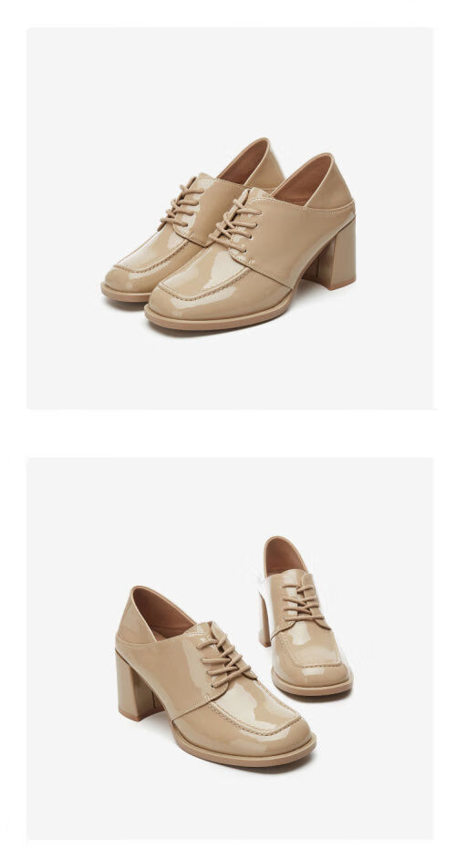 珂卡芙kekafu新品新款方头纯色简约舒适高跟系带女鞋休闲鞋黑色0135