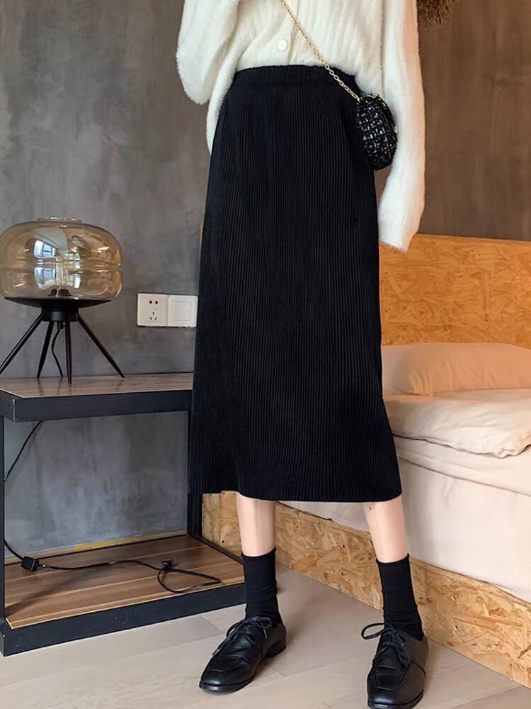半身裙秋冬女灯芯绒中长款高腰显瘦遮肉微胖开叉气质a字裙子 黑色【】