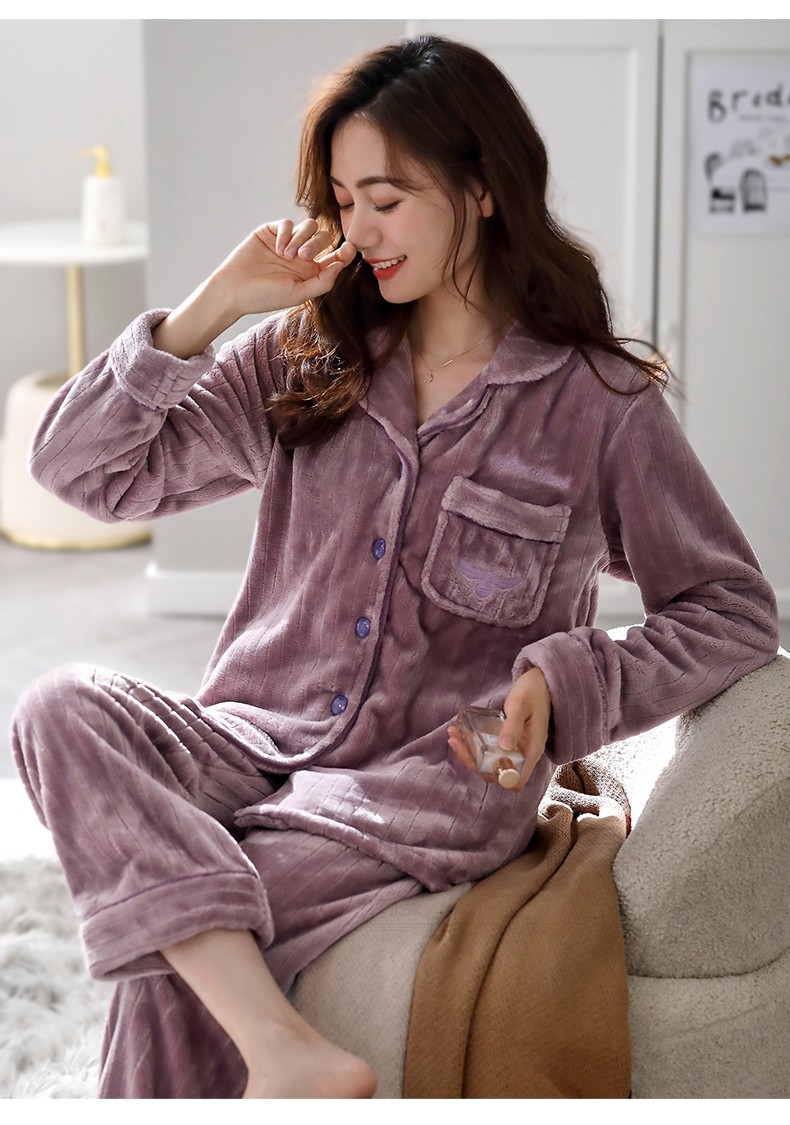 波圣堡品牌睡衣女士秋冬款冬季法兰绒加厚加绒保暖珊瑚绒家居服冬天大