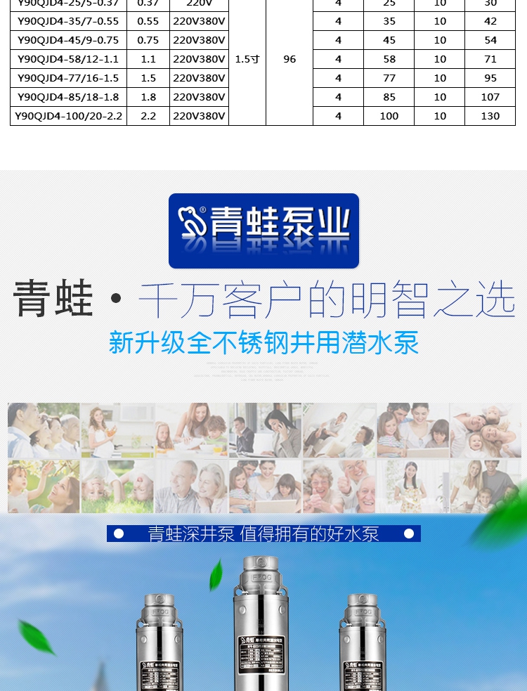 青蛙牌深井潜水泵高扬程不锈钢深井泵多级潜水泵家井用抽水泵220v y80