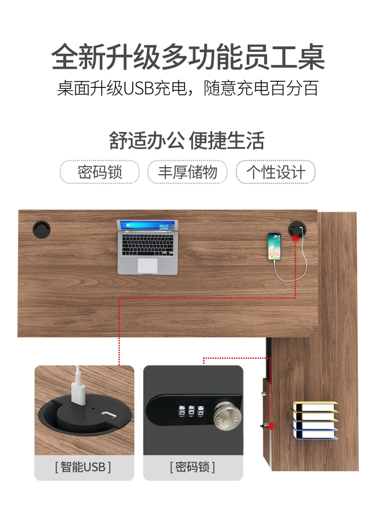 龙案 财务办公桌椅组合简约现代办公室桌子员工职员桌2四人位6六人工位 1.4米 7字型单人位(含侧柜)