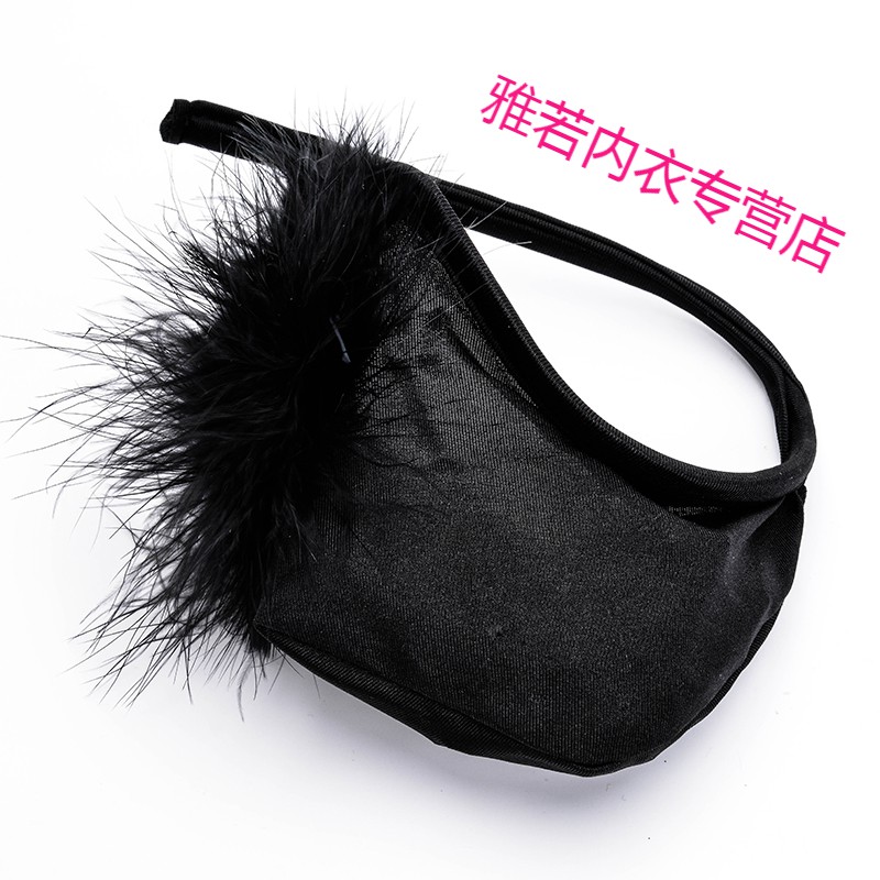 情感内衣男士性感c字透明柔纱内裤c裤带毛t型裤黑色带毛均码