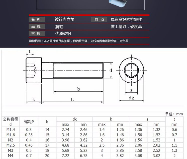 8級鍍鋅杯頭內六角螺絲螺栓 m3*20【20個】【圖片 價格 品牌 報價】